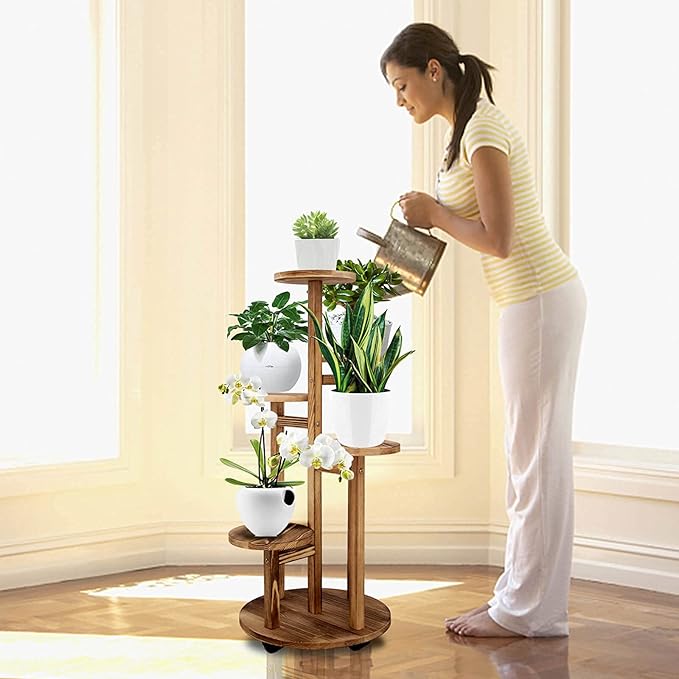 GEEBOBO 5 Tiered Tall Plant Stand for Indoor, Wood Plant Shelf Corner Display Rack, Multi-tier Planter Pot Holder Flower Stand for Living Room Balcony Garden Patio (Brown)