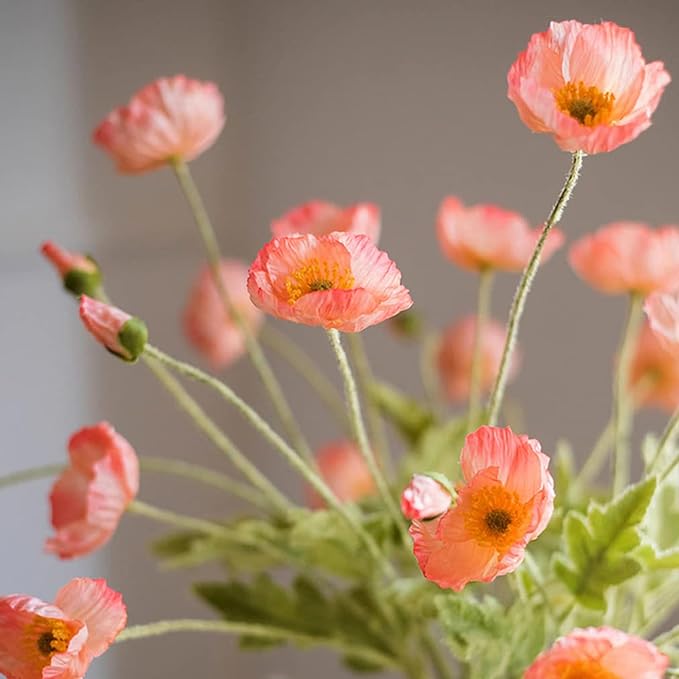 Artificial Flowers 6 Stems Poppy Silk Bouquet,for Wedding, Home, Party Decoration,Table Centerpiece Arrangement(Orange Pink 6pcs)