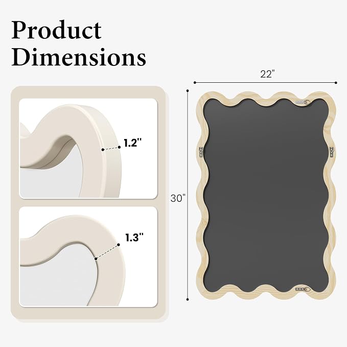 22"x30" White Wavy Wall Mirror for Vanity, Cream Solid Wood Irregular Mirror for Bedroom, Cute Squiggle Mirror for Aesthetic Decor, Small Asymmetrical Curvy Frame