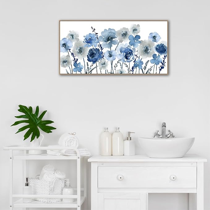 Framed Flowers Canvas Wall Art - Indigo Floral Canvas Pictures Living Room Wall Decor Botanical Canvas Prints Painting Abstract Artwork Bedroom Office Home Decor 20"x 40"