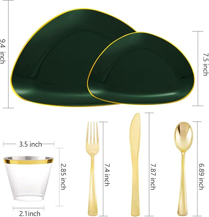 DaYammi 180Pcs Green Plastic Plates, Green Gold Disposable Plates with Gold Silverware Dinnerware Set Include: 30 Dinner Plate,30 Dessert Plate,90 Plastic Cutlery,30 Cups for Christmas Party Holiday