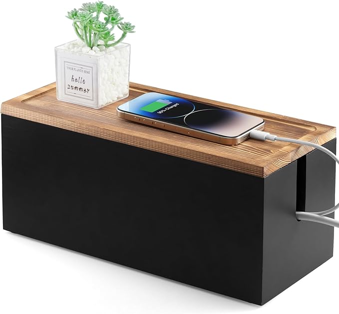 Wood Cable Management Box - Cable Organizer Box - 2 Open Slots Cords Hider Box - Under Desk Cord Organizer for Power Strip Extension Cord Surge Protector Charger Wire, Black