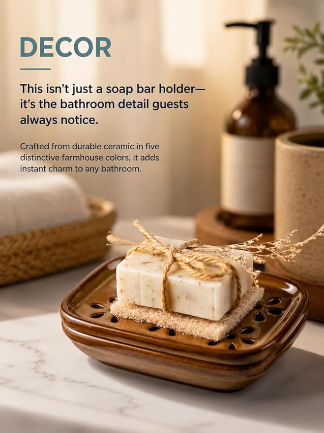 Miamolo Soap Dish with Draining Tray, Bar Soap Holder for Shower Bathroom Bathtub Kitchen Sink, Mess-Free Soap Container Saver with Non-Slip Base, Water Collection Tray Housewarming Gift, Brown