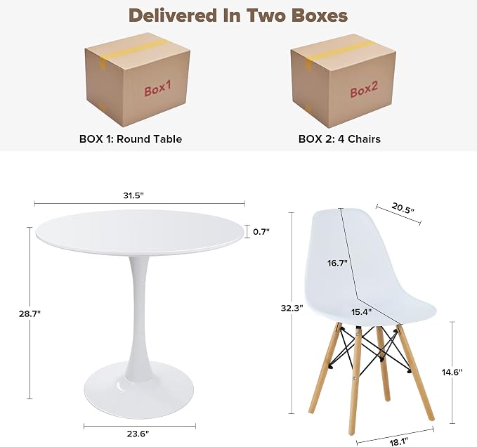 5-Piece Round Dining Table Set,31.5" Mid-Century Modern Kitchen Table with 4 Chairs,Tulip Pedestal Table & Solid Wood Legs,Space Saving Compact Furniture for Small Spaces Apartment Home,White