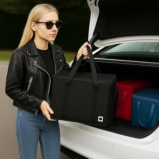 2Pk Trunk Organizer for Car Insulated Reusable Grocery Bags, Collapsible Cooler Bag for Groceries, Heavy Duty Large Insulated Bag (Large, Charcoal Black)
