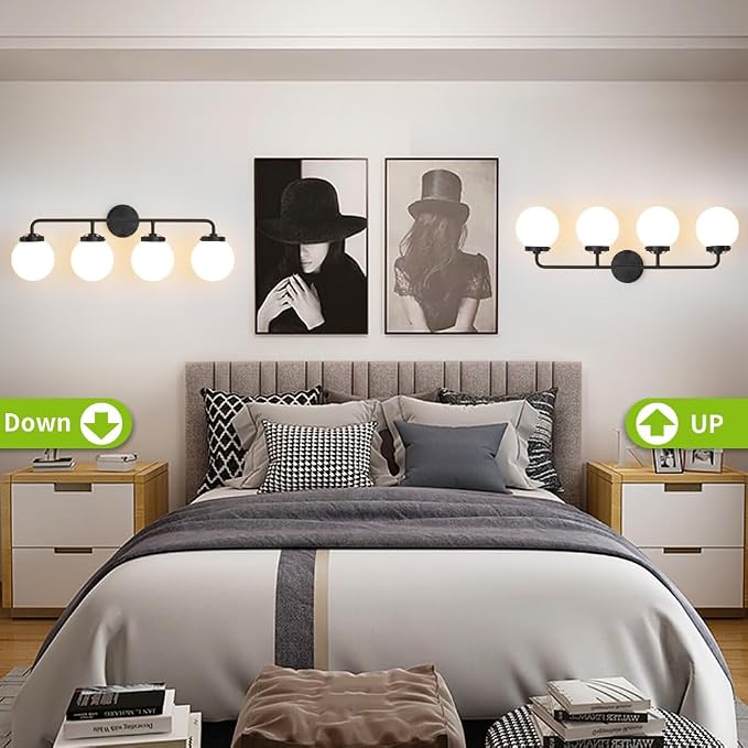 Bathroom Light Fixtures Over Mirror, 4-Light Matte Black Vanity Lighting with Milk White Glass Globe Shades Modern Wall Sconce
