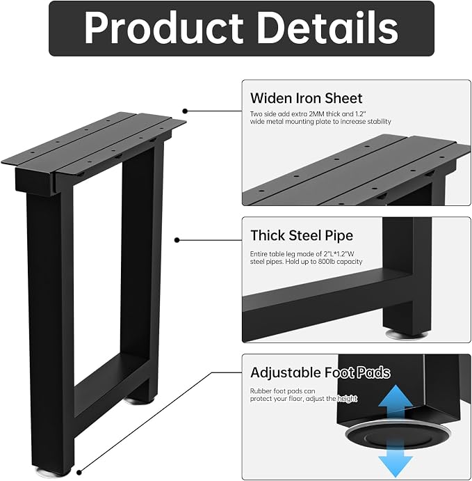 TOCRETOARE Metal Table Legs Heavy Duty, 16”H x 12”W, Metal Furniture Legs for Dining Desk Bench and Coffee Table, Industrial Black DIY Iron Bench Legs, Set of 2