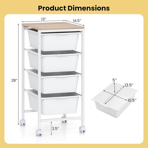 LDAILY 4-Drawer Rolling Storage Cart - Metal Frame with Wooden Tabletop & Lockable Wheels | White
