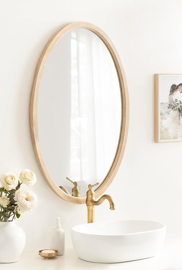 Kate and Laurel Hogan Modern Wooden Oval Wall Mirror; 24 x 36; Natural Wood; Transitional Rounded Mirror for Use as Bathroom Mirror or Entryway Mirror Decor