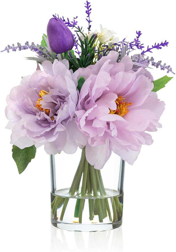 WELL KNOWN Artificial Flowers in Glass Vase with Fake Water, Silk Peony Fake Tulip Bouquet for Home Dinning Tea Table, Office Desktop, Hotel, Wedding, Party, Lavatory Decor & Gift (Lavender Purple)
