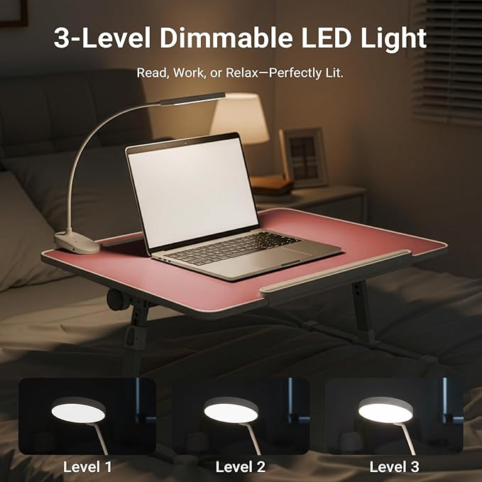 iXTRA Laptop Lap Desk with Cooling Fan - Adjustable Bed Desk with Light, Bed Table with Cup Holder&Phone Holder - Storage Drawer Desk - Folding Bed Desk,Pink,70x45cm