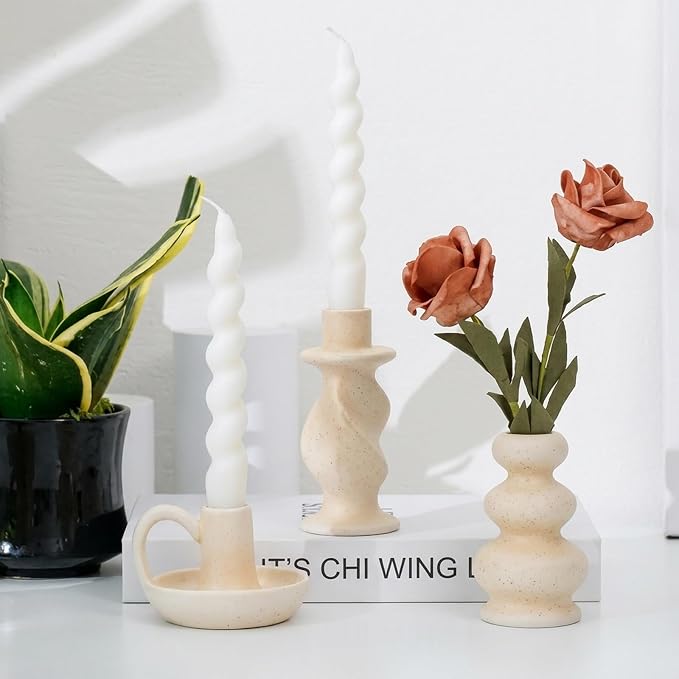 Ceramic Taper Candle Holders Set of 3, Cream White Candlestick Holder Nordic Modern Decorative Candle Stand for Home Decor, Dining Table Centerpiece, Housewarming Gift