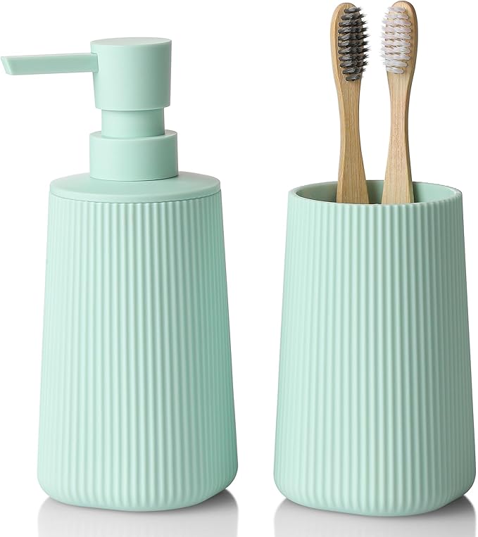 YAUKPH Bathroom Accessories Set 2 Piece Soap Dispenser and Toothbrush Holder for Bathroom Countertop Striped Green