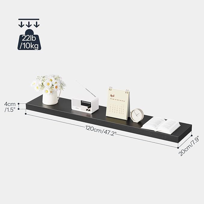 HOOBRO Floating Shelves for Wall, Wall Mounted Shelf Set of 2, 47.2" Hanging Shelf with Invisible Brackets, for Wall Decor Storage in Bathroom Bedroom Kitchen Living Room Office, Black BK120BJP201
