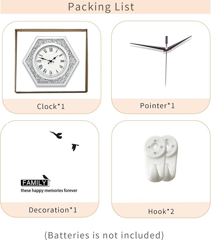 Large Wall Clock for Living Room Decor Crystal Crush Diamond Mirrored Sparkle Twinkle Bling Modern Wall Clock Big Silver Mirror Home Decorative 20 inch Silent Wall Clock for Indoor Decor