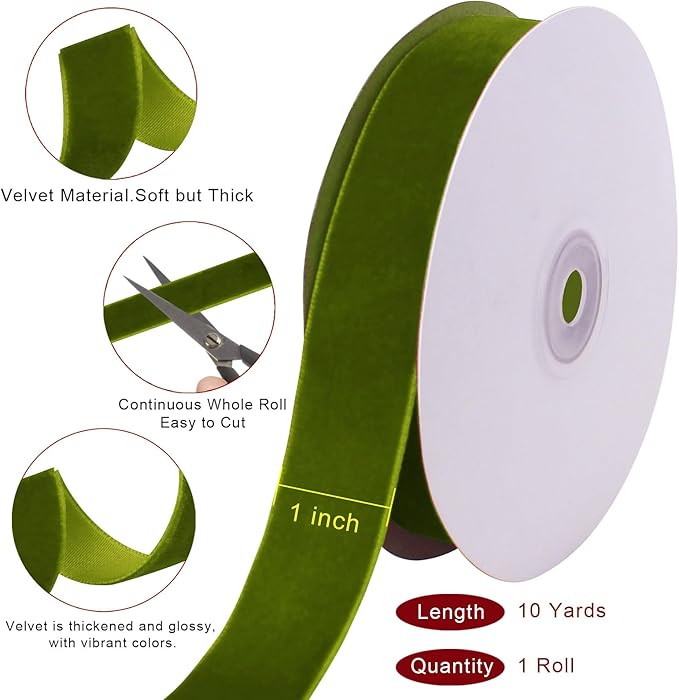 10 Yards Olive Green Velvet Ribbon 1 Inch for Christmas Tree, Green Velvet Christmas Ribbon for Gift Wrapping Crafts Bow Wreath Holiday Decorations (Olive Green)