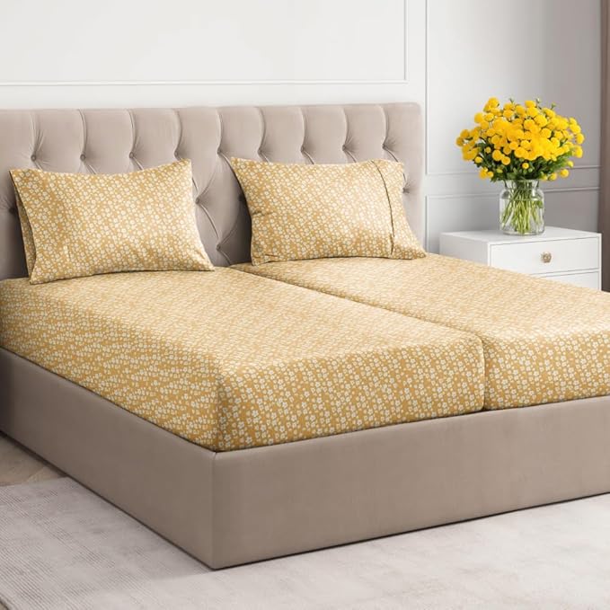 Floral Sheets - Yellow Floral Bed Sheet Set - 1 Flat, 2 Fitted & 2 Pillowcases w/ Deep Pockets - Wrinkle & Fade Free - Boho Botanical Bedding - Ultra-Soft, Breathable & Cooling - Split King Size Set