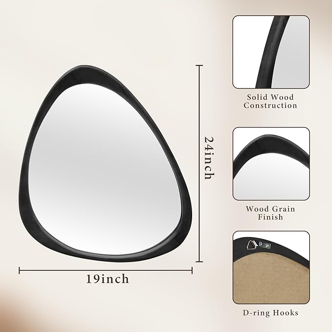 24''x19'' Asymmetrical Mirror with Wood Frame Black, Small Irregular Wall Mirror, Odd Shaped Mid Century Modern Mirror Decor for Bedroom Living Room Entryway Hall