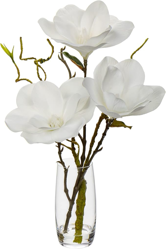 DILATATA Faux Flowers in Vase 15.4" Magnolias Flowers Arrangement with Faux Water Real Touch Flowers for Wedding Table Centerpiece Home Decor, White