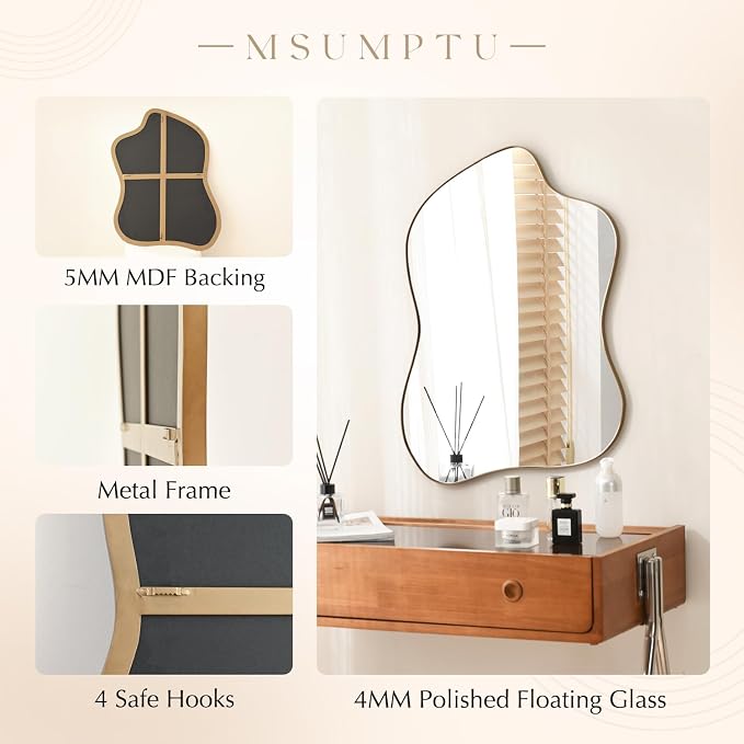Irregular Wall Mirror Brass Wave Shaped Metal Framed Wall Mirror for Bathroom Bedroom Entryway Living Room Wall Decor 34" L x 25.5" W 2302G