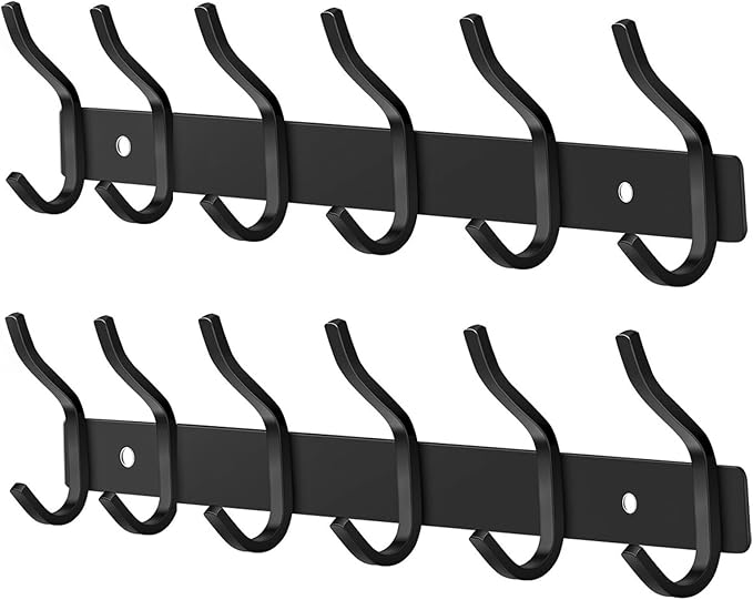 HAMUTH Wall Hooks Heavy Duty, 17 Inch Coat Rack Wall Mount with 6 Hooks, Black Wall Hooks for Entryway, Bathroom - for Hanging Backpack, Bag, Coat, Purse, Hat, Towel, Clothes,2 Packs