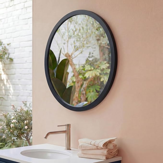 ARIEL Round Wooden Mirror 24" in Midnight Blue, Wood Circle Wall Mirror for Bathroom, Vanity, Entryway & Living Room Decor, Farmhouse Style