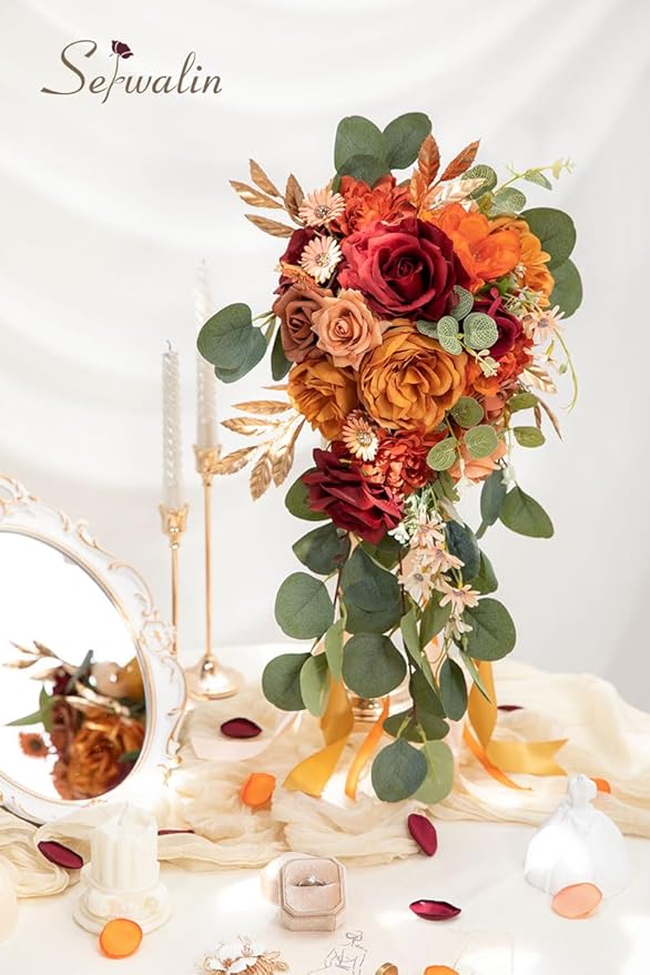 Serwalin 9.8 Inch Wedding Bouquets for Bride Bridesmaid, Orange Burgundy Dahlia Bridal Bouquets for Bride, Wedding Flowers Bouquet, Wedding Ceremony and Anniversary Decor