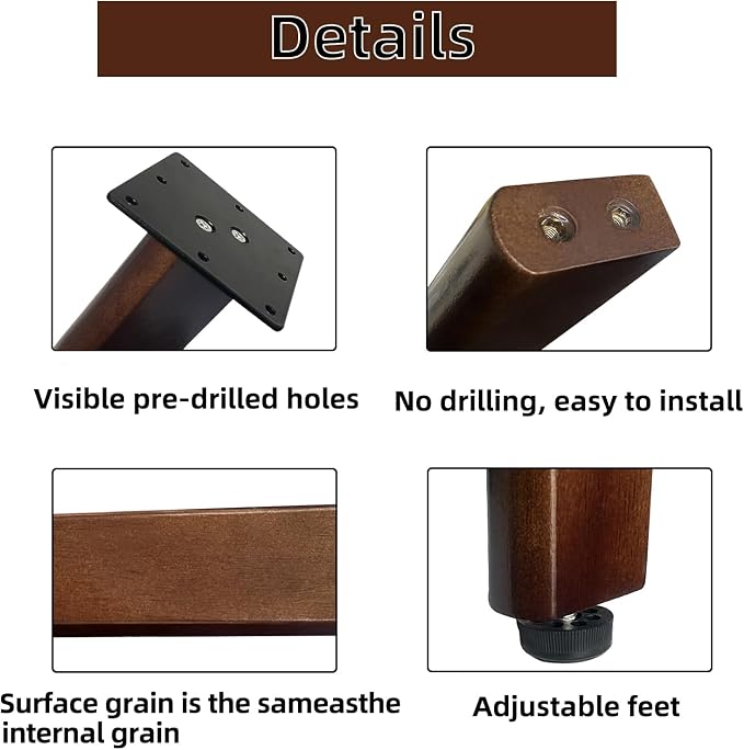 QLLY 26 inch Slant Wooden Table Legs, Solid Wood Angled Desk Legs, Furniture Legs, Set of 4, Easy to Install - Perfect for DIY Dining Tables, Coffee Tables, and Benches (Dark Walnut, 26")