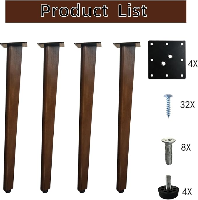 QLLY 26 inch Slant Wooden Table Legs, Solid Wood Angled Desk Legs, Furniture Legs, Set of 4, Easy to Install - Perfect for DIY Dining Tables, Coffee Tables, and Benches (Dark Walnut, 26")