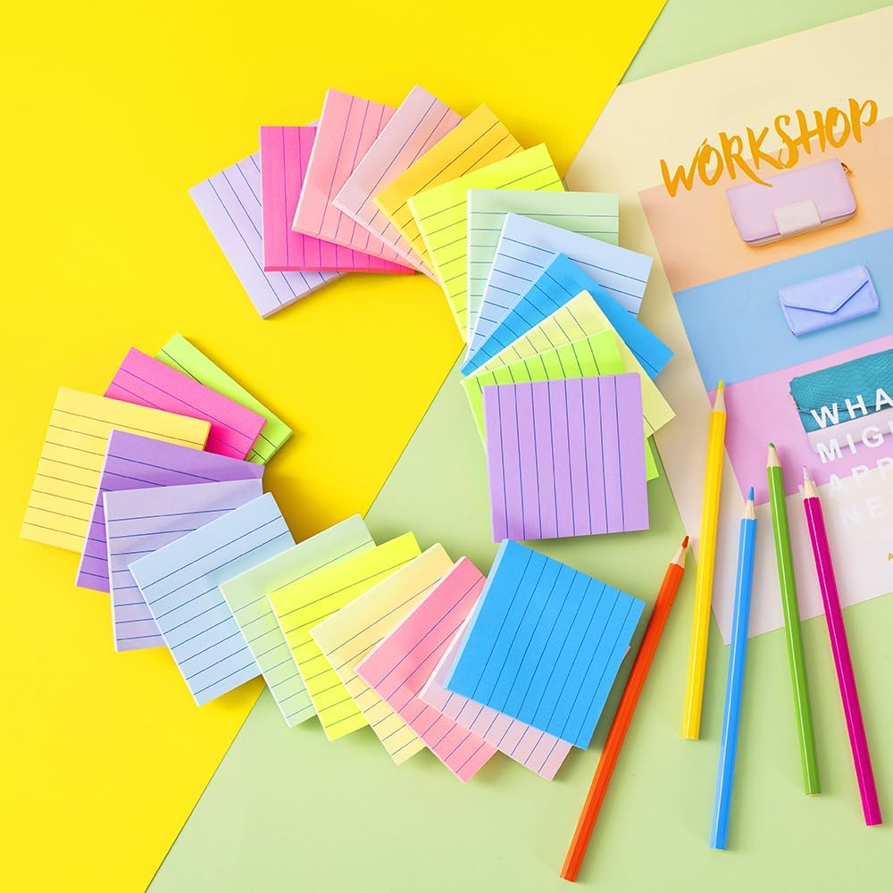 Skiennix Lined Sticky Notes - 3x3 Inch Notepads with Super Sticking Power | Bright Colors, Recyclable