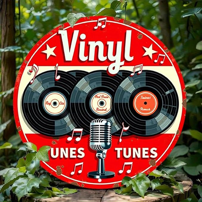Vintage Aluminum Metal Sign - Vinyl Tunes Round Wall Art - Classic Records & Retro Microphone Design - Ideal for Bar, Cafe, Music Room Decor - 7.8" Diameter