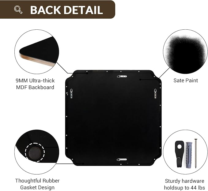 ANDY STAR 24x24 Inch Square Mirror, Matte Black Vanity Mirror, Modern Scalloped Bathroom Mirror in Premium Stainless Steel Thin Frame, Unique Rounded Notched Corners