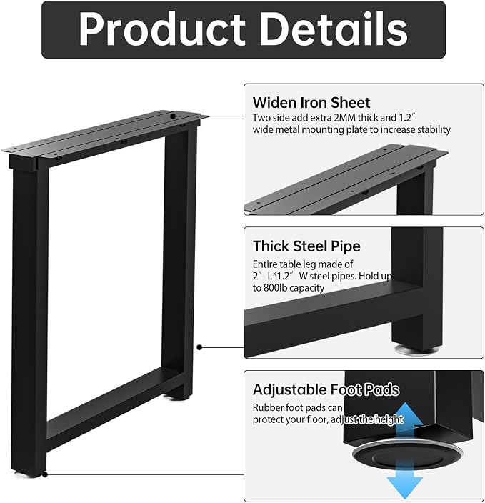 TOCRETOARE Metal Table Legs Heavy Duty, 34”H x 24”W, Metal Furniture Legs for Dining Desk Bench and Coffee Table, Industrial Black DIY Iron Bench Legs, Set of 2
