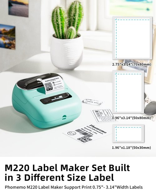 Phomemo M220 Thermal Label Maker - Portable Bluetooth Inkless Printer for Home & Office | 3-Inch Barcode Printing