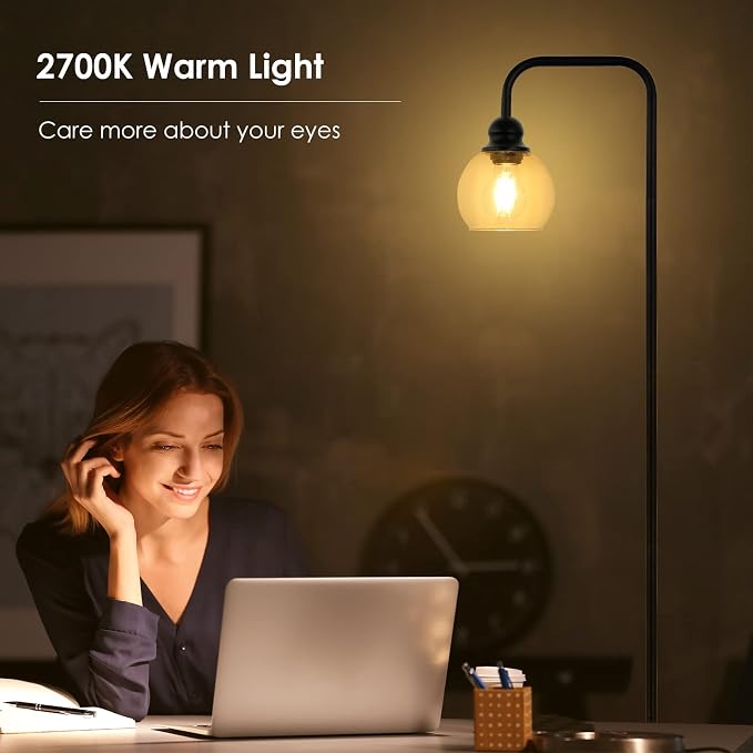 Modern Floor Lamps for Living Room with 6W LED Bulb, Industrial Floor Lamp, Clear Glass, Black Classic Reading Tall Lamp for Home Office, Standing Lamps for Bedroom, Study, Minimalist, Vintage