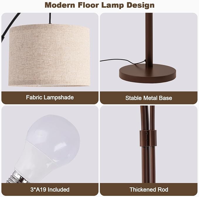 Netin 3 Light Arc Floor Lamps for Living Room, Dimmable Floor Lamp with Remote Control, Modern 80" Tall Standing Lamp, 3 Color Temperature, Mid Century Tree Floor Lamp for Bedroom, Office (Brown)
