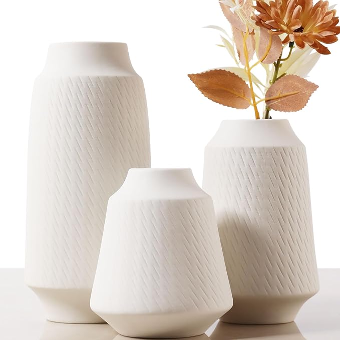Ceramic Vase Set of 3 - Handcrafted Ceramic Vases for Home Decor & Shelf - Modern Farmhouse Decor for Kitchen, Office, Bedroom & Living Room Decorative Objects for Mantel, Table Centerpieces