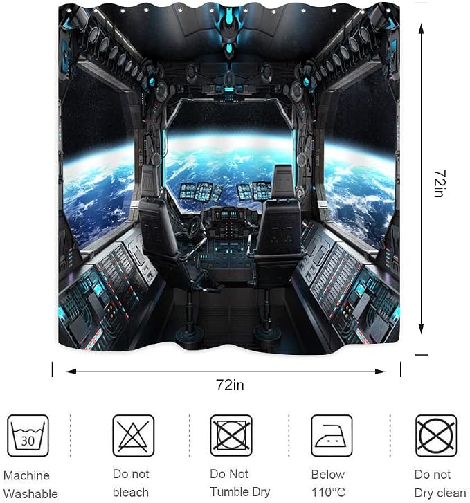 Spaceship Interior Shower Curtain Planet Earth Galaxy Futuristic Science Spacecraft Cabin for Kids Boy Black Home Bathroom Decor Waterproof Fabric 72Lx72W Inch with 12PCS Hooks