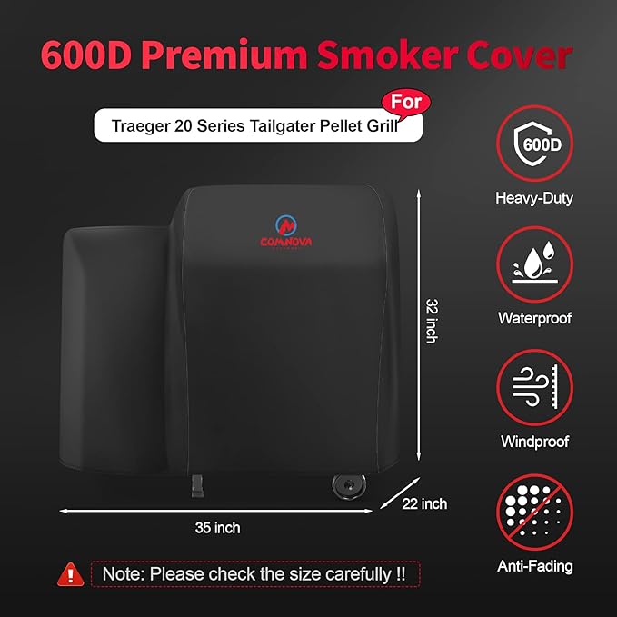 Comnova Grill Cover for Traeger Tailgater 20 Series - 600D Wood Pellet Smoker Cover for Traeger Waterproof & Heavy Duty, Pellet BBQ Cover for Treager 20 Series, Junior, Tailgater and Recteq 340 Grill