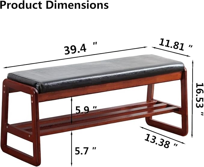 SOBIBO Solid Wood Shoe Bench, 2-Tier Wooden Entryway Bench, Modern Shoe Rack with Faux Leather Cushion for Hallway, Living Room (Black, 39.4'')