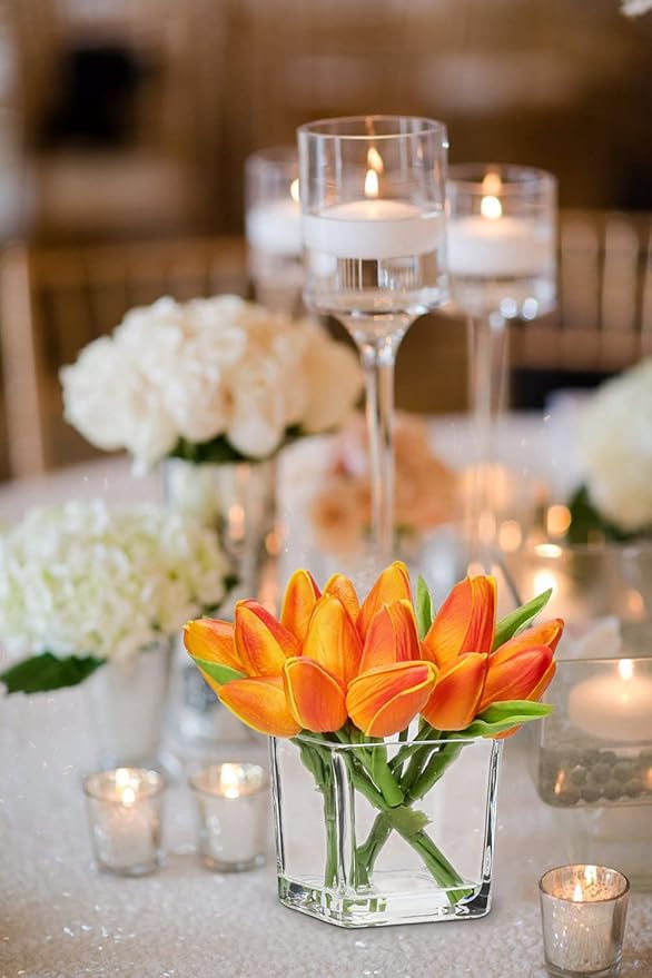 DILATATA Artificial Orange Tulips in Vase with Faux Water 5.5" Real Touch Flowers Fake Tulips Small Flowers Arrangement in Cube Glass Vase for Mother's Day Table Centerpiece Wedding Home Decor 2 Pack