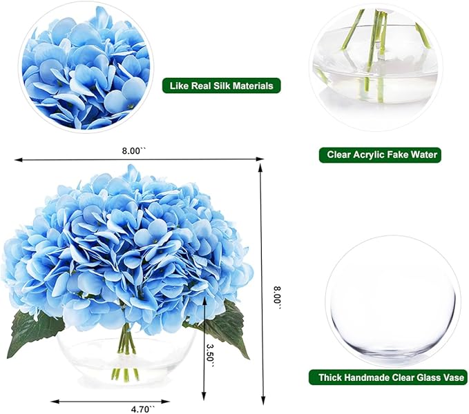 Hydrangea Fake Flowers in Vase, Silk Flowers in Vase with Faux Water for Home Decor Indoor (Blue)