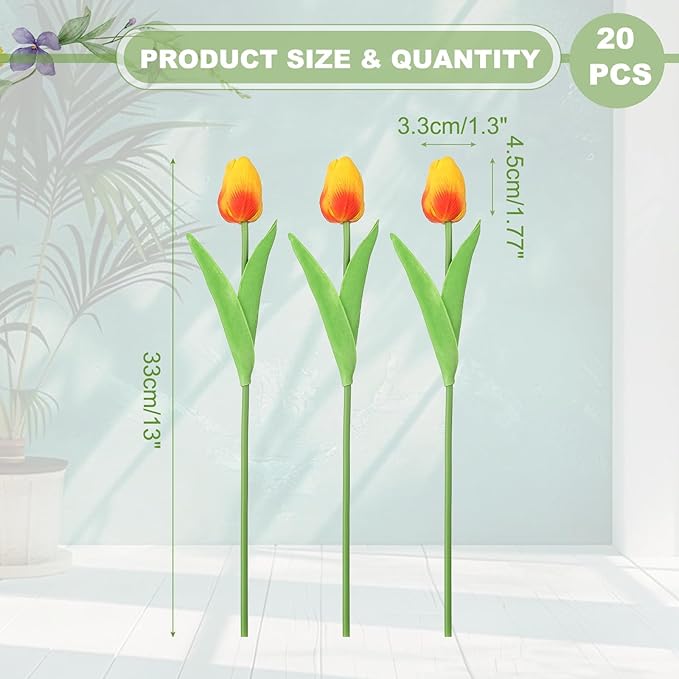 uxcell 20pcs Tulips Artificial Flowers, Faux Flowers Silk Fake Tulip Stems Real Touch for Wedding Bouquet Centerpiece Table Party Decoration(Sunset Red)