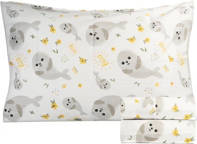 Salt Earth 100% Cotton 210TC Kids Bedsheet, Twin Sheets Set for Toddler Bed, 3 Piece Bedding Set Including Flat Sheet, Fitted Sheet, and Pillowcase, Themed Sheets for a Playful Kids Bed (Seal)