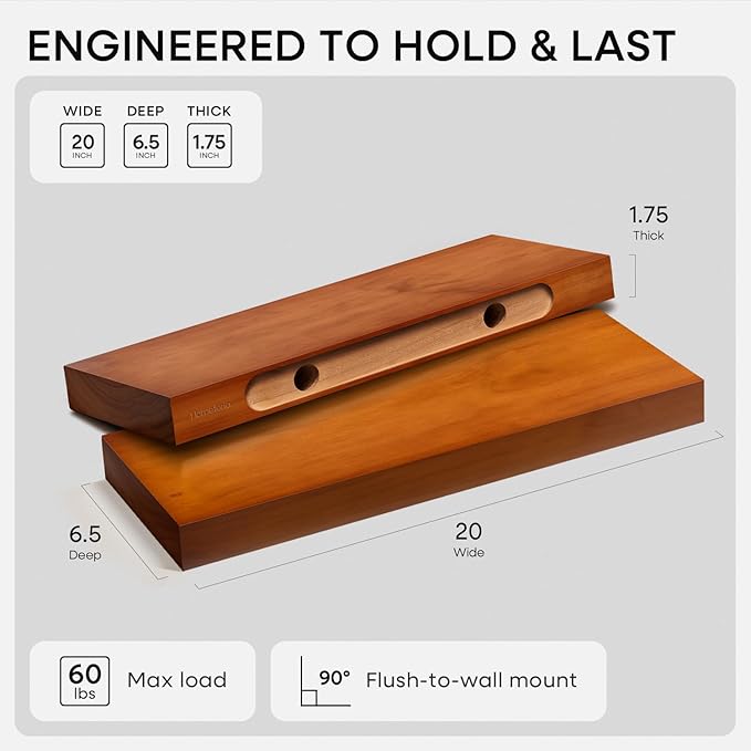 Homeforia 20 inch Floating Shelf Oak, High End Solid Real Wood 20inch Long Floating Shelves for Wall Mounted, Honey Oak Wooden 20in Floating Shelves, Heavy Duty Bracket, 20 X 6.5 X 1.75 inch, Set of 4