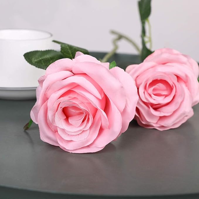 Kisflower 12 Pcs Pink Roses Artificial Flowers with Stems Silk Roses Fake Rose Realistic Flower Bouquet for Wedding Party Office Home Decor (Pink)
