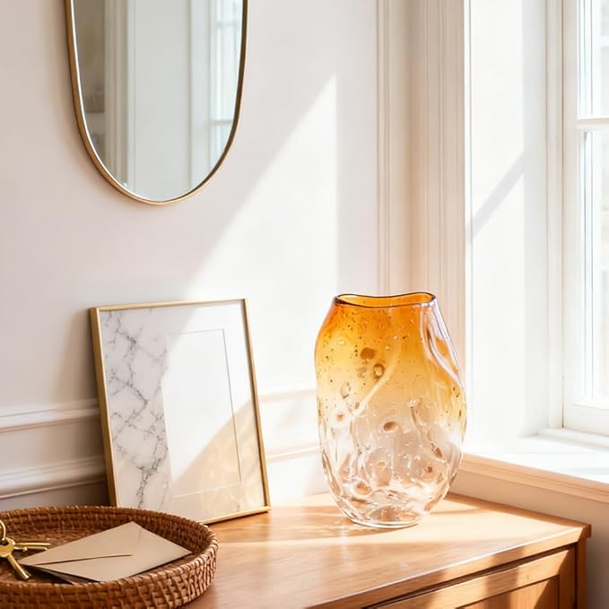 Amber Glass Vase – 9in Handmade Decorative Vase for Flowers, Modern Brown Gradient Glass Vase for Home Decor, Living Room Centerpiece, Dining Table, Entryway or Wedding Decoration