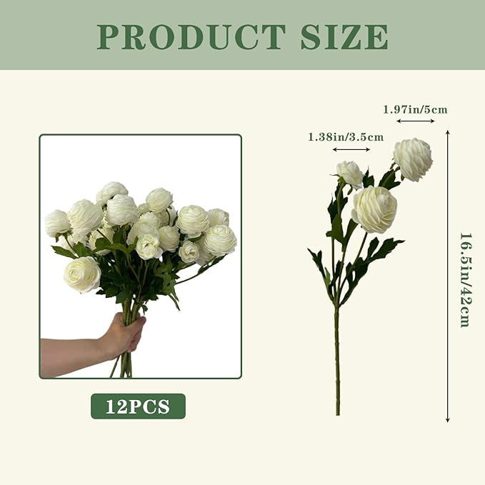 12Pcs Artificial Ranunculus Flowers – 36 Head 16.5" Silk Ranunculus Flowers Bouquets for Home Decor, Wedding Bridal Shower Centerpieces, and DIY Floral Arrangements (White)