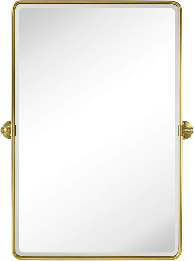 TEHOME Gold Pivot Rectangle Bathroom Vanity Mirrror Farmhouse Tiltable Rounded Metal Framed Pivoting Bathroom Mirror with Beveled Mirrror, Overall 26.91 x 35 inches (Mirrror 23 x 35 inches)
