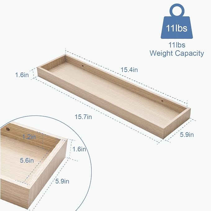 Oak Floating Shelves with Raised Lip, Wooden Wall Shelves for Bedroom Living Room Kitchen, Modern Bathroom Shelves for Wall, Decor Floating Shelves for Storage Display (Set of 2, 15.7 Inch)